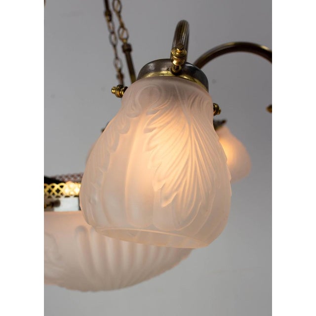 French Art Deco Chandelier in Frozen Glass and Brass, 1930 For Sale - Image 14 of 18