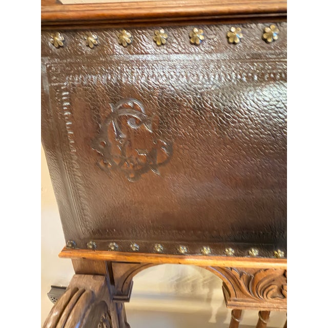 Rustic European Vintage Renaissance Revival Carved Wood and Embossed Leather Armchairs – A Pair For Sale - Image 3 of 11