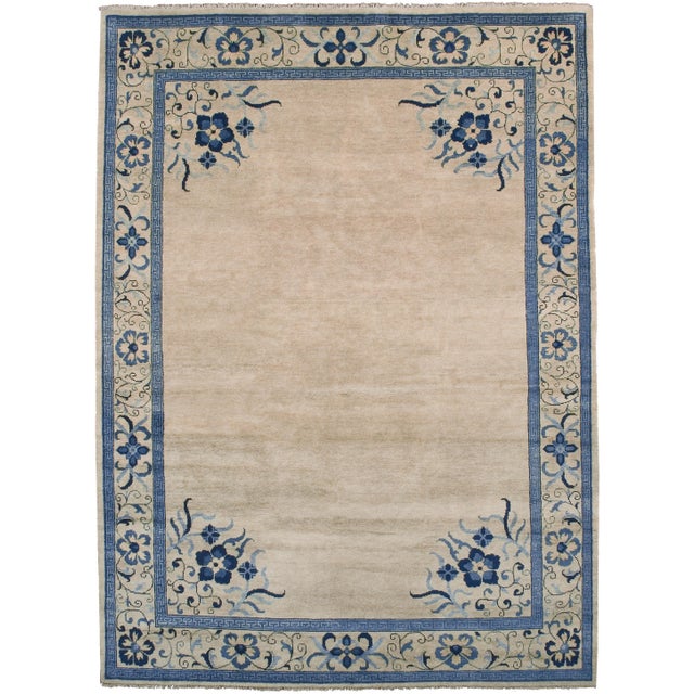 Vintage Chinese Carpet, Tan and Blue Carpet, Handmade Wool Rug For Sale - Image 4 of 18