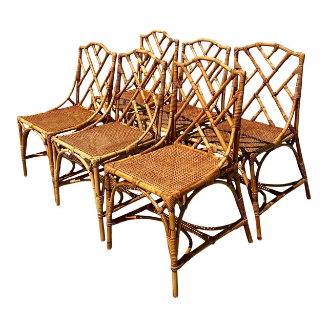 Vintage Chinese Chippendale Rattan Dining Chairs - Set of 6 For Sale