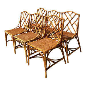 Vintage Chinese Chippendale Rattan Dining Chairs - Set of 6