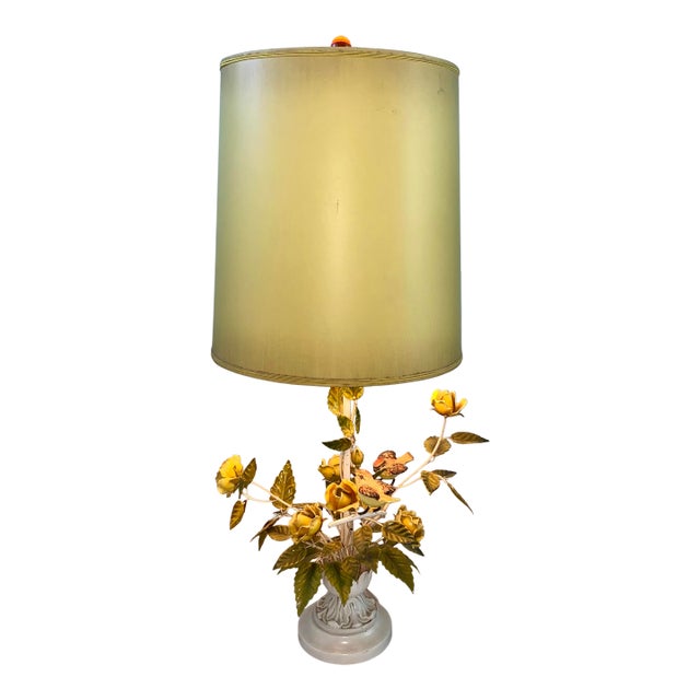 Vintage Tole Table Lamp With Yellow Roses and Birds For Sale