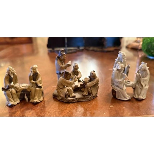 Three vintage bonsai mud men clay figurines. These traditional wise men figures were made to compliment bonsai displays....