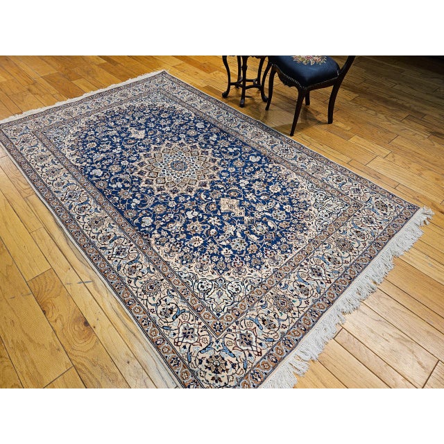 Vintage Persian Nain Area Rug, Hand-Knotted Wool & Silk, Floral Pattern, 6x9, Royal Blue & Ivory For Sale - Image 4 of 16