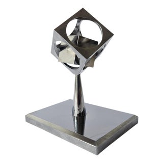 Midcentury Chrome Paperweight, Model, Turners Cube, Desk Sculpture, 1970s For Sale