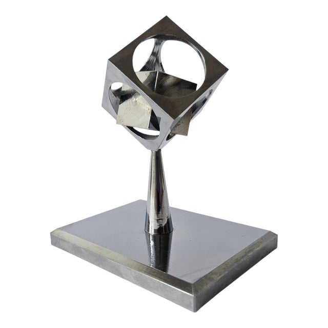 Midcentury Chrome Paperweight, Model, Turners Cube, Desk Sculpture, 1970s For Sale
