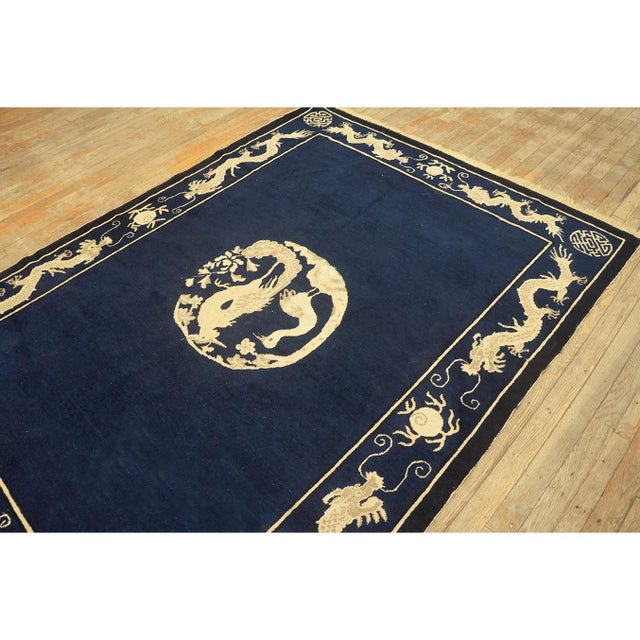 Textile 1900s Blue Navy Dragon Crane Medallion Antique Chinese Peking Carpet Rug For Sale - Image 7 of 7