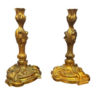 Pair of French Louis XV Style Gilt Bronze (Ormolu) Candlesticks For Sale
