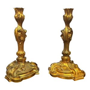 Pair of French Louis XV Style Gilt Bronze (Ormolu) Candlesticks