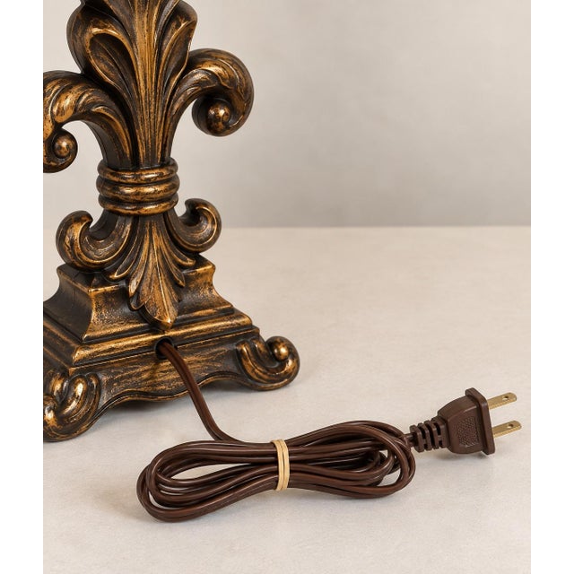 Late 20th Century Traditional Fleur-De-Lis Table Lamps With Decorative Patterned Shades - Pair For Sale - Image 6 of 6