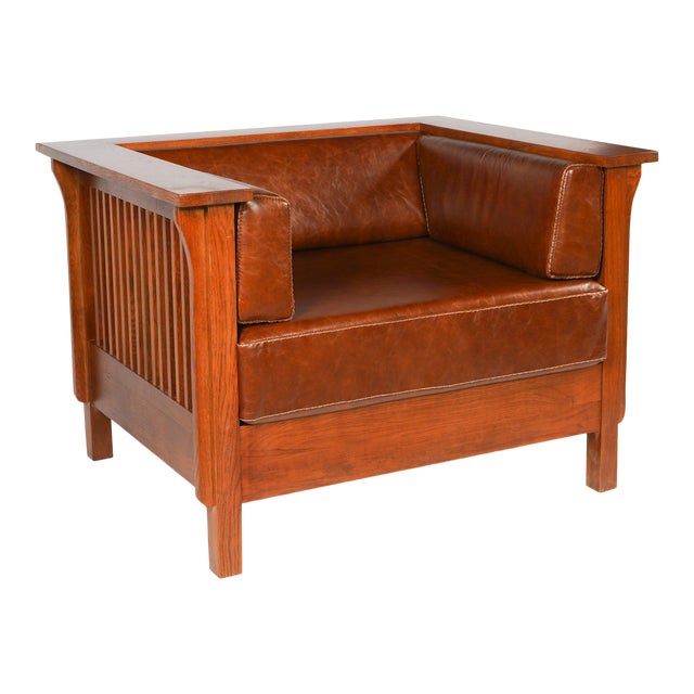 Crafters and Weavers Arts and Crafts / Craftsman Cubic Slat Side Arm Chair Chestnut Brown Leather For Sale