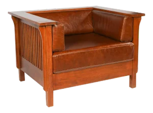 Crafters and Weavers Arts and Crafts / Craftsman Cubic Slat Side Arm Chair Chestnut Brown Leather