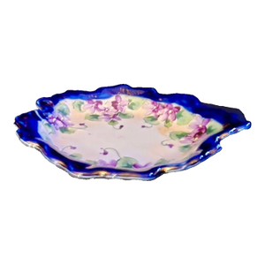 Vintage Hand Painted Porcelain Trinket Dish Cobalt Blue Rim Purple Violets Scalloped