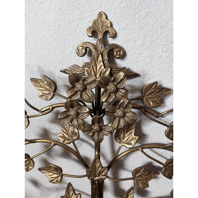Metal Pair of Hollywood Regency Style Brass and Metal Wall Sconce, Candlestick Holder, Vine Leaves Design, Candelabra For Sale - Image 7 of 12