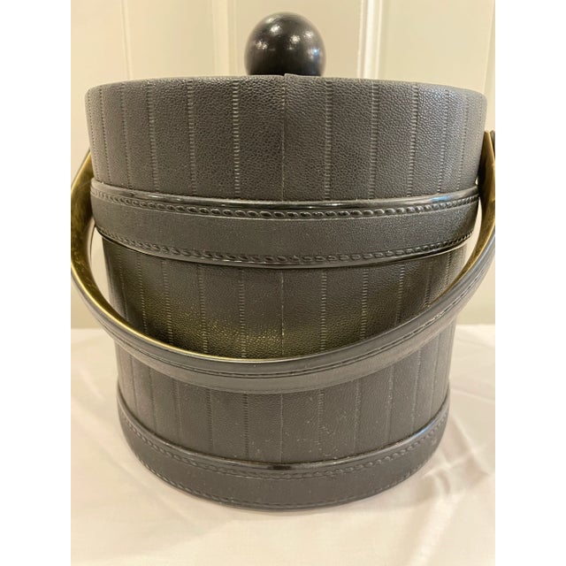 Textile Mid 20th Century Black and Brass Leather Pinstripe Ice Bucket For Sale - Image 7 of 12