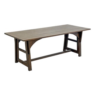American Arts and Crafts Solid Oak Trestle Dining Table, 1960's For Sale