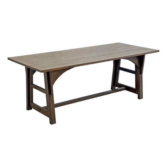 American Arts and Crafts Solid Oak Trestle Dining Table, 1960's For Sale