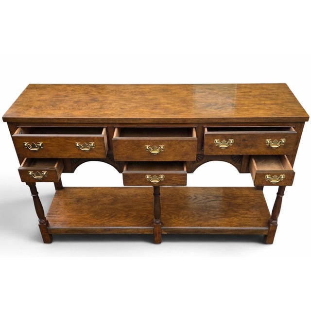 Traditional Late 20th Century Baker Furniture Georgian-Style Carved Oak Welsh Dresser With Open Plate Rack [2-Part], Brass Bail Hardware and Turned Supports For Sale - Image 3 of 15