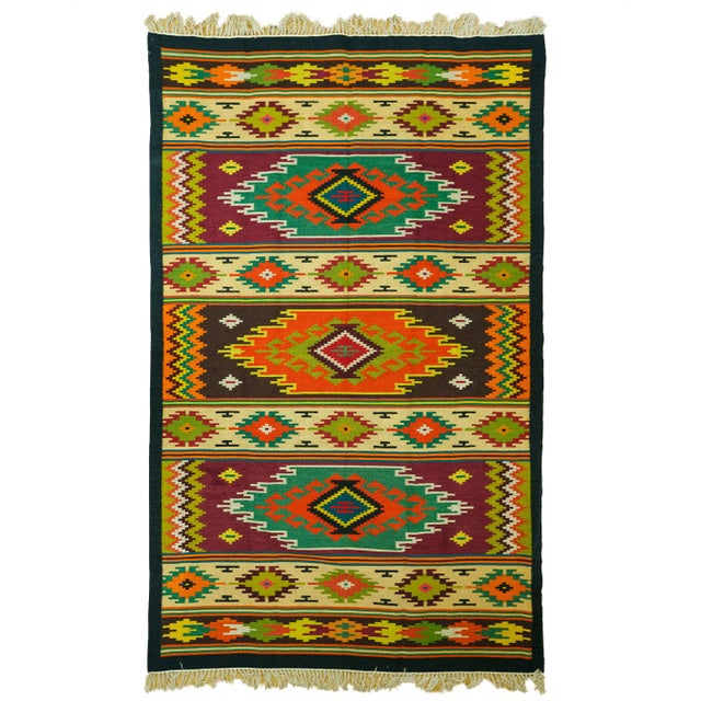 Vintage Romanian Handwoven Wool Flatweave Rug with Geometric Striped Bands, Diamond Medallions and Fringes, 1970s For Sale - Image 6 of 9