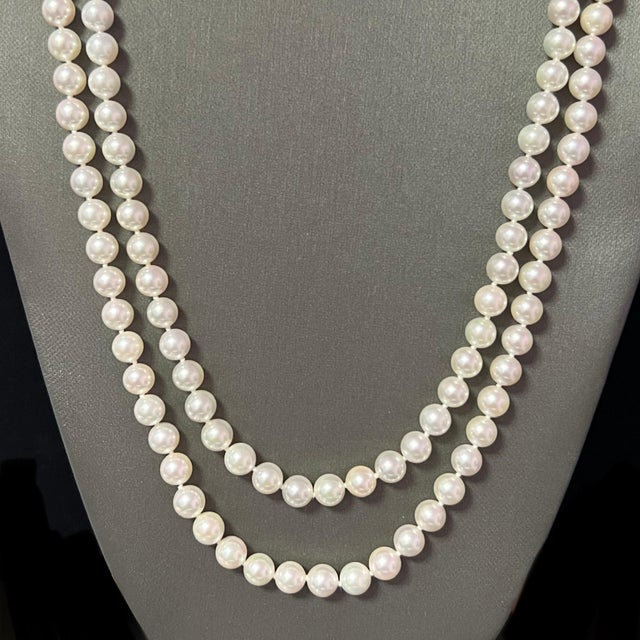 White Akoya Pearl Diamond Double Stranded Necklace 14k Y Gold Certified For Sale - Image 8 of 9