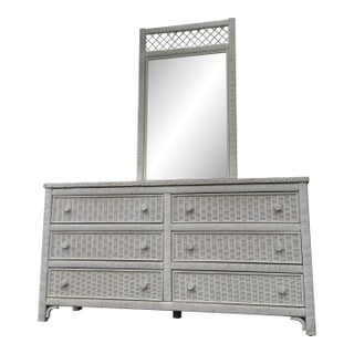 Vintage Henry Link White Wicker Dresser With Mirror | Coastal Palm Beach Regency Bedroom Set For Sale