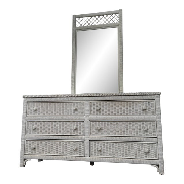 Vintage Henry Link White Wicker Dresser With Mirror | Coastal Palm Beach Regency Bedroom Set For Sale