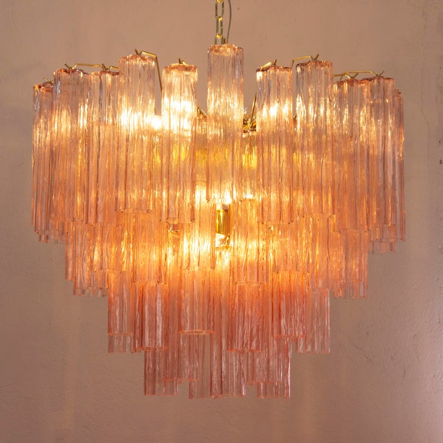 Suspension lamp made in italy tronchi in cipria murano glass, ceiling chandelier ø80 cm. each piece is hand-blown in italy...