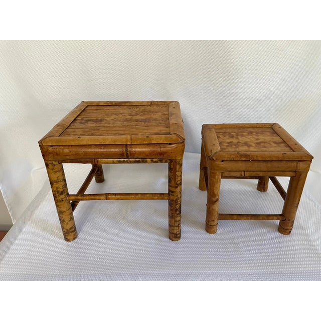 Wood Vintage Burnt Bamboo Nesting Plant Stands / Tables - Set of 3 For Sale - Image 7 of 12