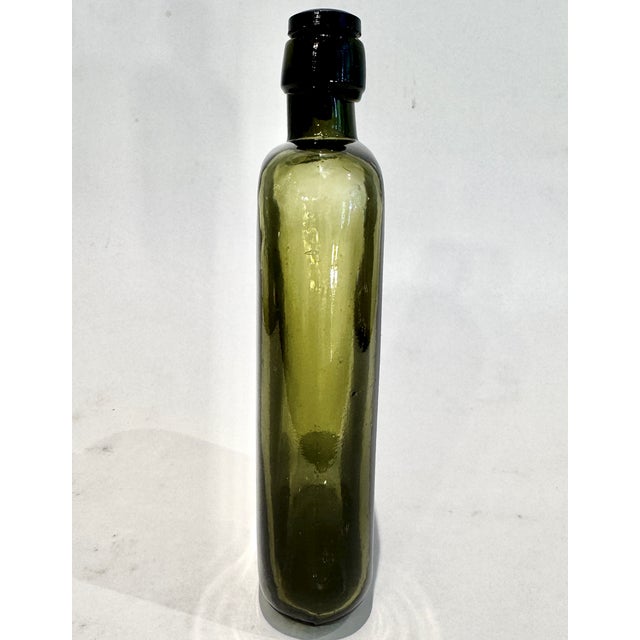 Mid-Century Modern Olive Green Glass Apothecary Bottle With Original Glass Stopper Circa 1930’s For Sale - Image 3 of 12