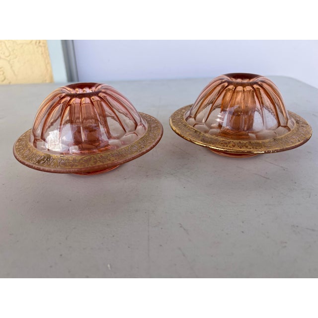 1920s Pair of Antique Fancy Etched Pink Depression Glass Candle Holders Antique Fancy Etched Pink Depression Glass Approx....