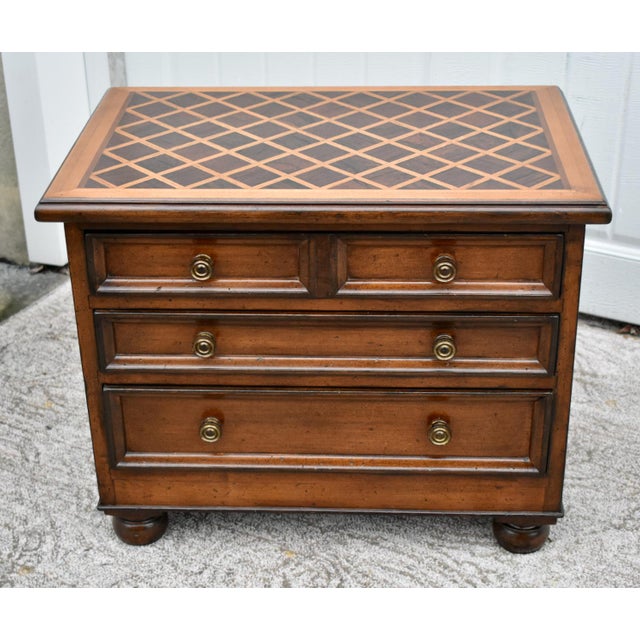 Wood Accent Chest Nightstand French Louis XIII Style Small 3 Drawer Parquet Top For Sale - Image 9 of 12