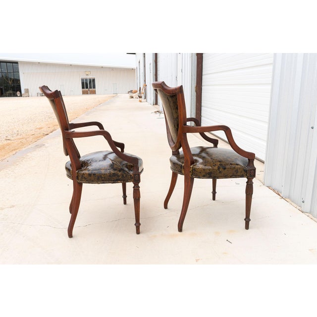 Early 20th Century Federal Style Shield Back Chairs With Faux Tortoise Leather Seats, Pair For Sale - Image 12 of 13