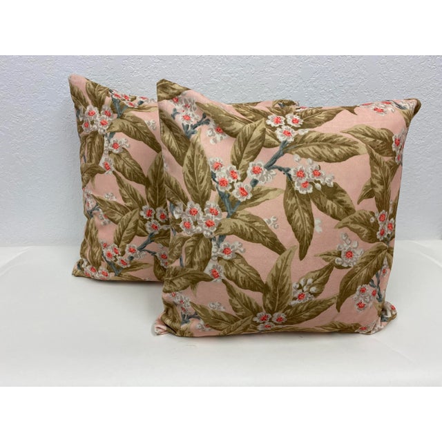 Pair of 22" Square Pillows With A Delicate Apple Blossom Floral Pattern On A Coral Colored Velour Background - Made in UK....