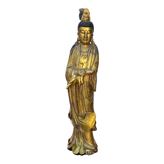 Chinese Rustic Distressed Golden Paint Kwan Yin Buddha Statue For Sale