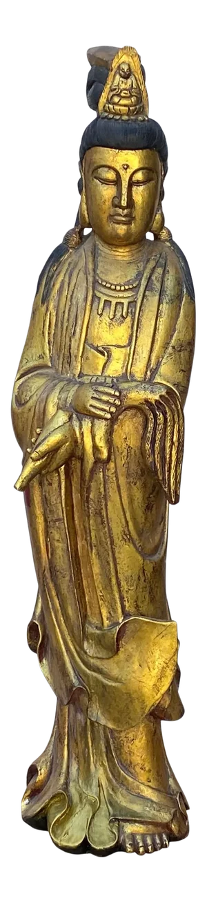 Chinese Rustic Distressed Golden Paint Kwan Yin Buddha Statue