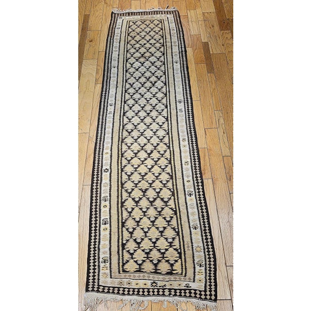 Vintage Persian Qazvin Tribal Kilim Runner, Handwoven Wool, Allover Paisley Pattern, Tan & Brown, 3x11 For Sale - Image 11 of 18