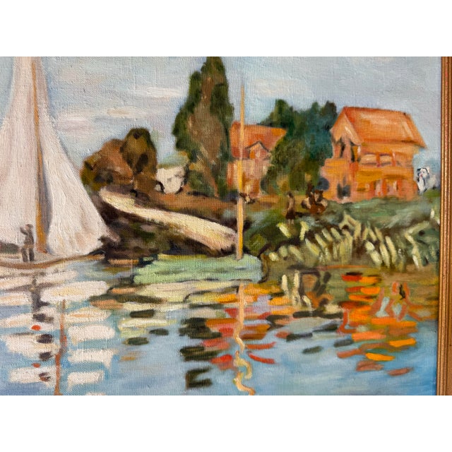 1960's Marie Hendrich Ozon " Yacht Races at Argenteuil " Oil on Canvas Painting After Monet Sold For Sale - Image 10 of 12