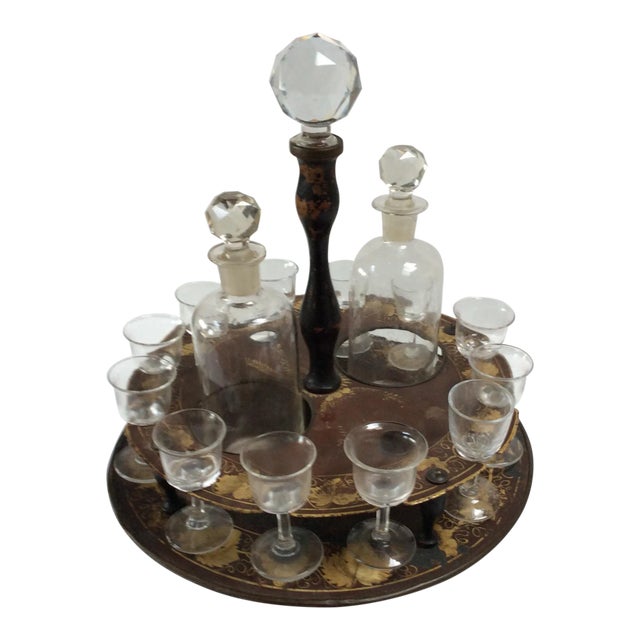 Antique French Scarlet Painted Tole Liqueur Set For Sale