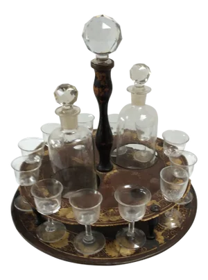 Antique French Scarlet Painted Tole Liqueur Set