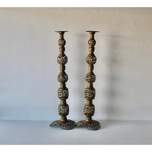Metal Vintage Altar Size Pierced Brass Floor Candlestick Holders Ornate Reticulated Design Mid Century For Sale - Image 7 of 15
