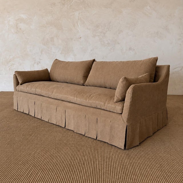 Parisian Sofa Slip Covered in Belgian Spice Linen For Sale - Image 10 of 16