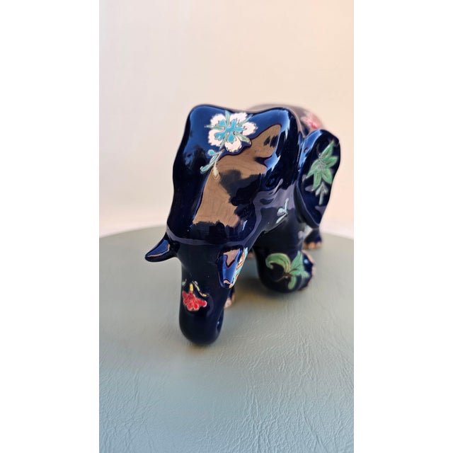 Vintage Glazed Ceramic Elephant Figurine with Floral Motifs, 1980s For Sale - Image 6 of 9