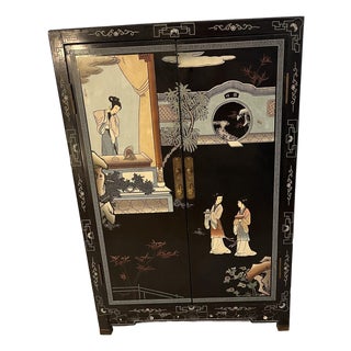 Mid-Century Chinese Black Lacquer Cabinet With Mother of Pearl Inlays For Sale