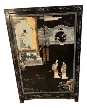 Mid-Century Chinese Black Lacquer Cabinet With Mother of Pearl Inlays