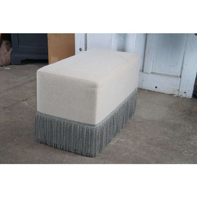 2020s Restoration Hardware Linen Upholstered Ottoman Bench Seat Stool Tassels 31" For Sale - Image 5 of 12