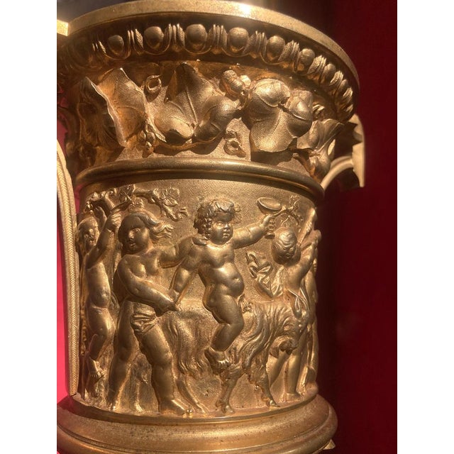 French 18th Century Louis XVI Ormolu Vases with Handles and Relief Putto on Black Belgian Marble Bases, Set of 2 For Sale - Image 13 of 18