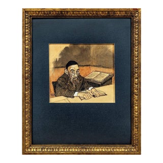 Emanuel Schary, Rabbi at Study, Judaica Watercolor and Ink For Sale