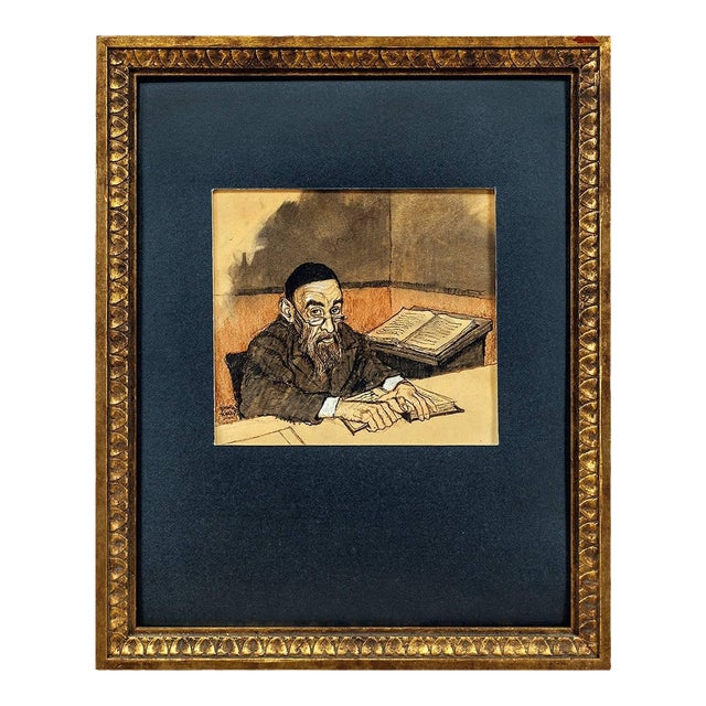 Emanuel Schary, Rabbi at Study, Judaica Watercolor and Ink For Sale