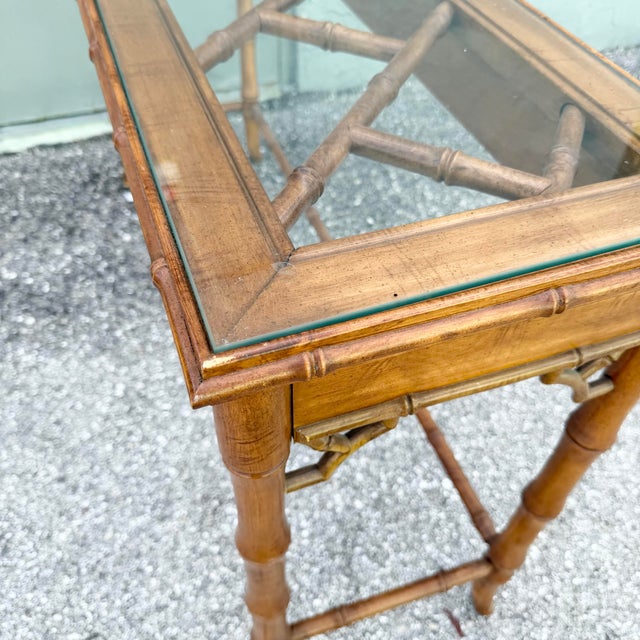 Boho Chic Chippendale Style Faux Bamboo Glass Top Console Table For Sale In West Palm - Image 6 of 8