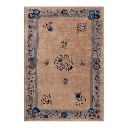 Remarkable Tan Beige Color With Great Blue Florid Design Antique Chinese Peking Rug